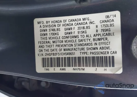 2014 Honda Civic Lx z USA, uszkodzony, nr VIN 2HGFB2F51EH549651